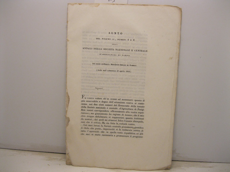 Sunto del volume II, numeri 4 e 6 degli Annali della Società nazionale e centrale d'agricoltura di Parigi